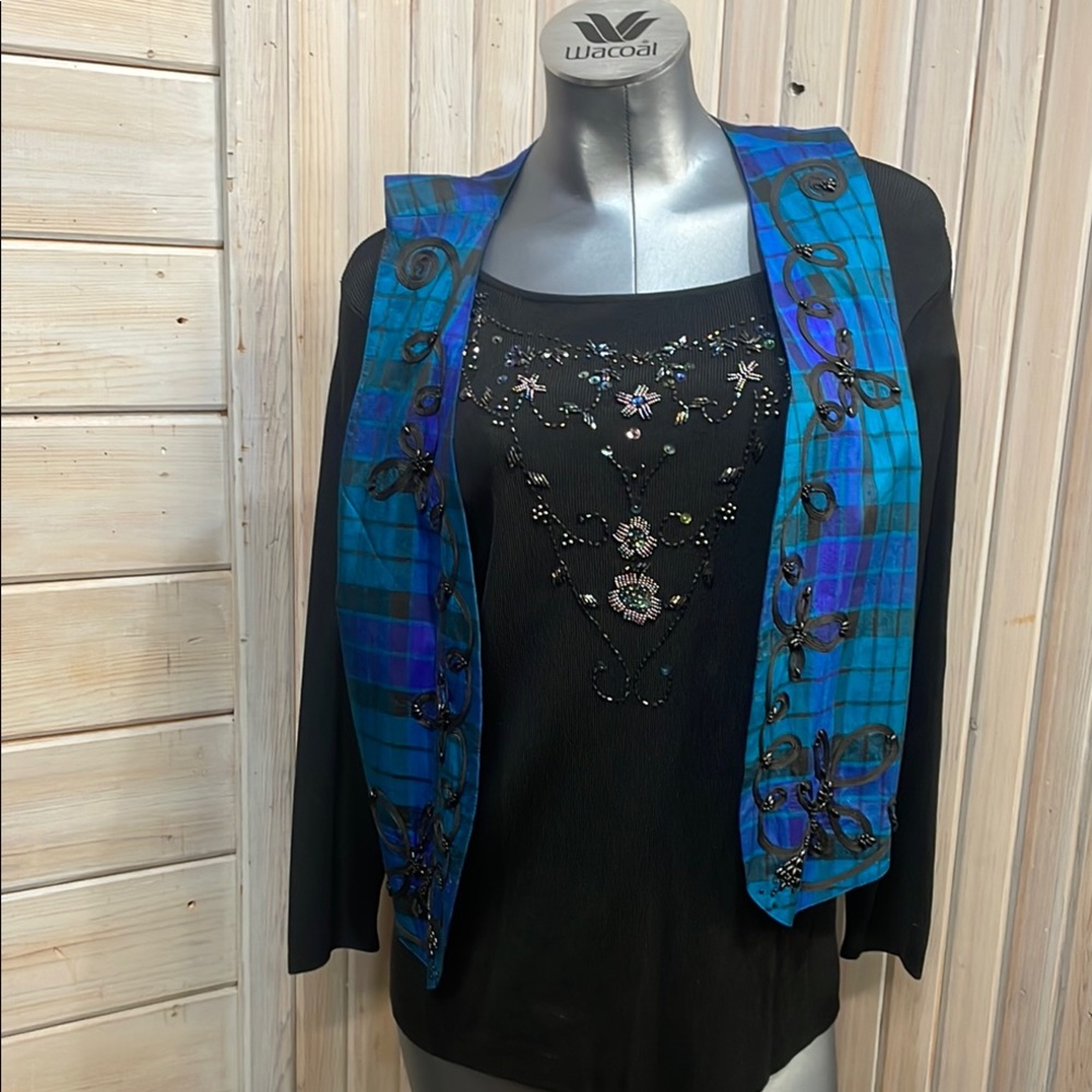 Blue and Black Plaid Open Front Vest with Black Embellished Long Sleeve Top